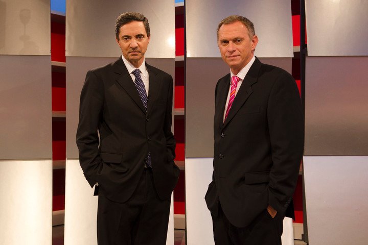 Edgardo Alfano y Marcelo Bonelli en el estudio donde graban "A dos voces".