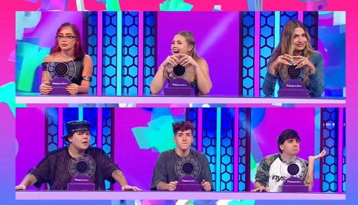 Tuli Aosta, Coti Romero y Sele Mosca arriba, y abajo Mortedor, Bauletti y Mernuel. El sexteto de este lunes de "Pasapalabra".