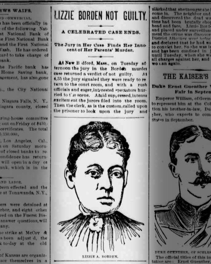 Un recorte de periódico de 1893 tras la absolución de Lizzie Borden por haber asesinado con hacha a su padre y su madrastra. Foto: Library of Congress